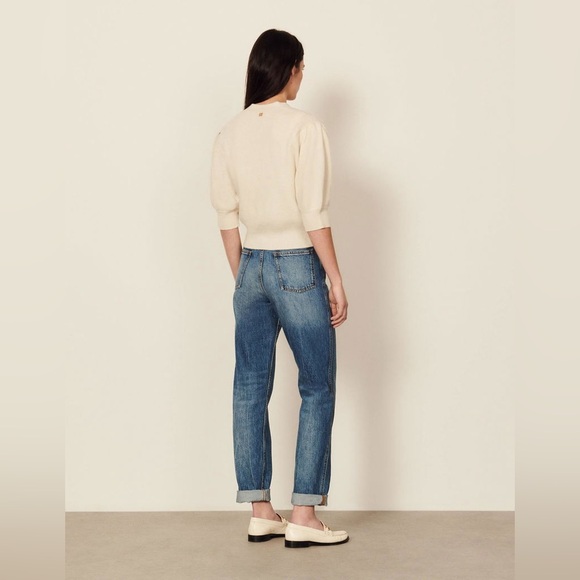 Sandro 100% Wool Cropped V Neck Puff Short Sleeve Cardigan size 2 - Picture 2 of 13